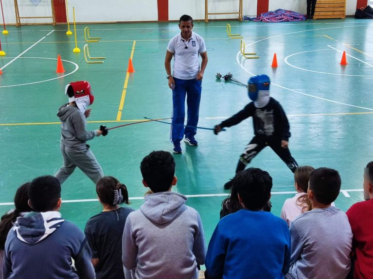 Greek schoolchildren practising fencing 