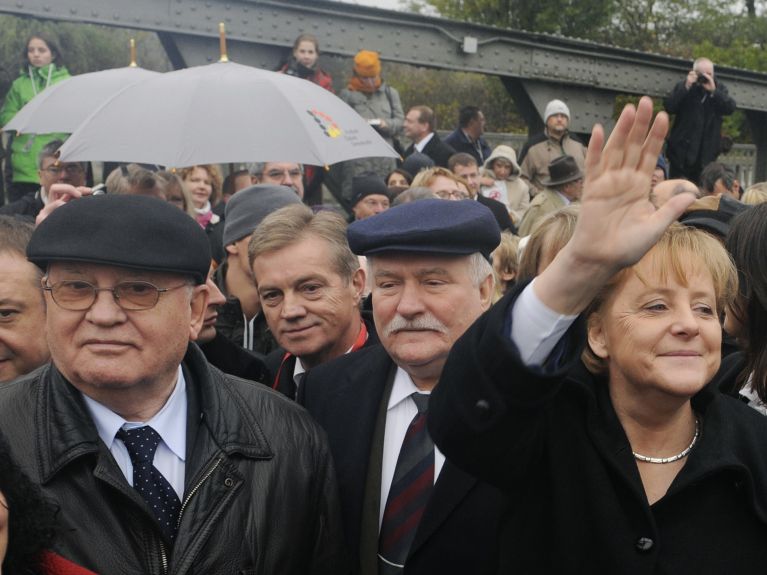 Mikhail Gorbachev, Lech Walesa and Angela Merkel in Berlin in 2009.