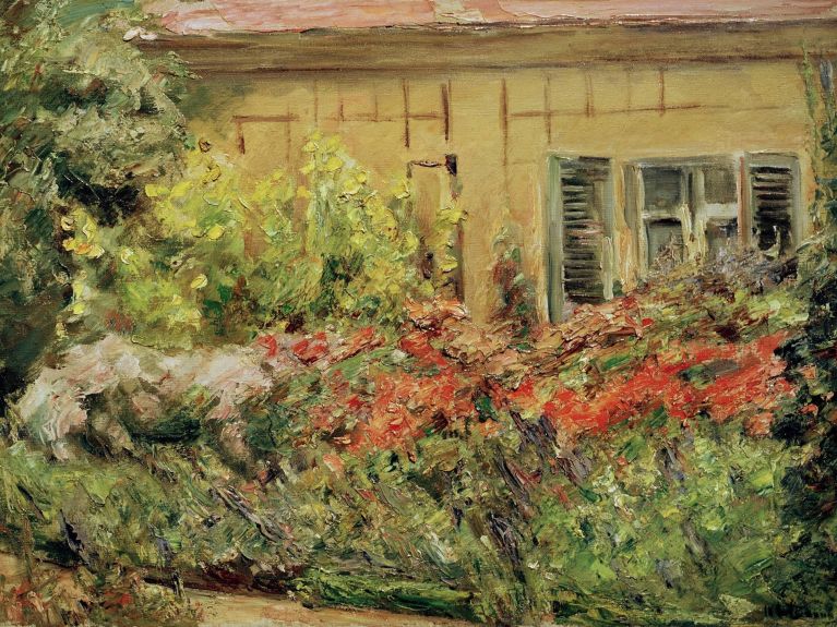 ein impressionistisches Gemälde mit Blumen und einem Haus