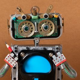 Selbstgebauter Roboter mit Stift in der Hand
