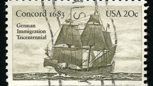 A stamp printed in the USA shows Concord 1683, German Immigration Tricentennial, circa 1983