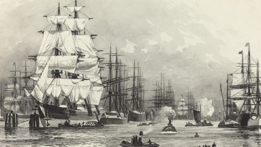 Schwarz-Weiß Zeichnung: Segelschiff-Hafen, 1893