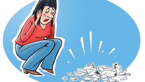 Eine Illustration zeigt eine Frau vor einem Scherbenhaufen. 