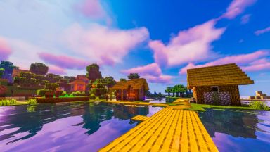 Ein Haus am See in der pixeligen Minecraft-Welt 