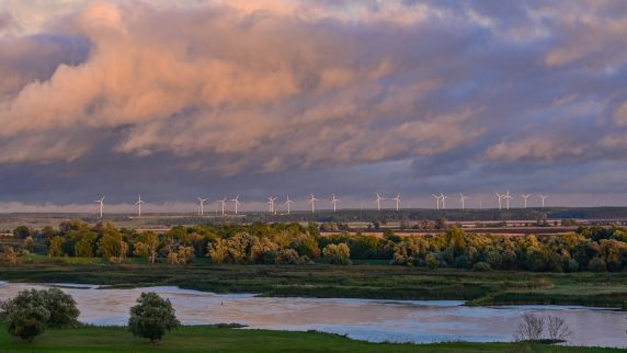 Viele Windräder auf einem Feld mit dramatischen Wolken darüber