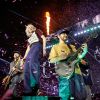 Sängerin, Guitarrist und Bassist der Band Linkin Park auf der Bühne des Open-Air-Festivals Rock im Park 2026