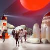 Eine Visualisierung des tschechischen Pavillons mit einem Leuchtturm und runden Elementen.