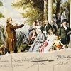 Goethe und Schiller beim Lesen und Diskutieren in einem Park in Weimar. Die Illustration stammt aus dem 19. Jahrhundert.