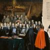 Der Westfälische Frieden von 1648 beendete den Dreißigjährigen Krieg. Das Gemälde von Gerard ter Borch zeigt die Ratifikation des Friedens von Münster zwischen Spanien und den Vereinigten Niederlanden am 15. Mai 1648. Rechts: der Friedensvertrag von Osnabrück vom 24. Oktober 1648.