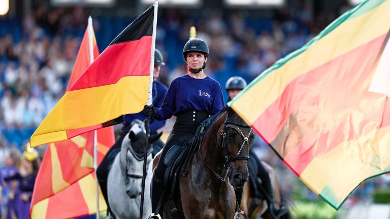 Eine Reiterin sitzt auf einem Pferd und hält Flaggen in der Hand.